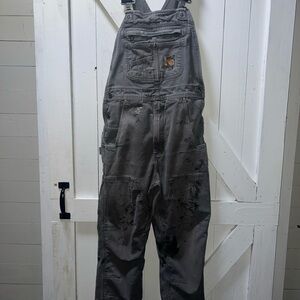 Carhartt Double Knee Gray Distressed Overalls 30x30 Thrashed Stained